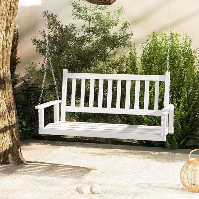 Costway 2-Person Wooden Garden Swing Bench with Slatted Back and Armrests in White