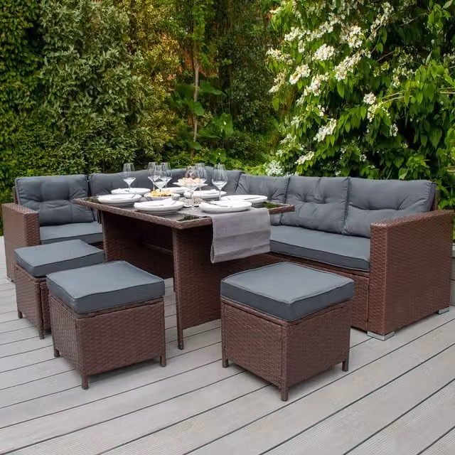 Jardi Grey Rattan Corner Set Cushions with Machine Washable Polyester Outdoor Fabric