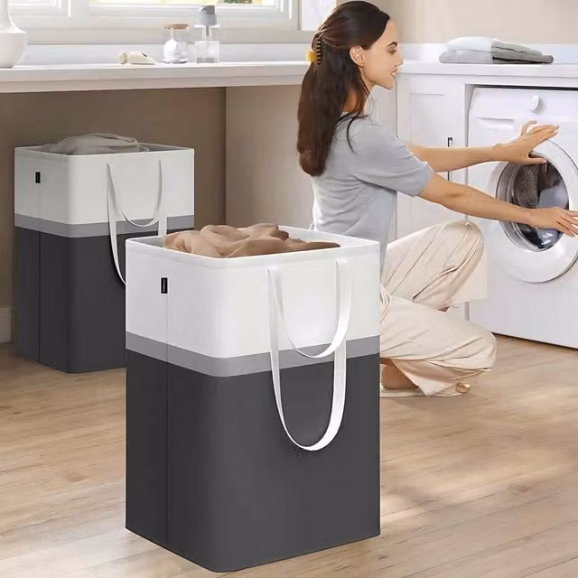 The Bazaarist Set of 2 Collapsible Freestanding Laundry Hampers with Handles, Black, W/D/H: 45 x 40 x 65 cm