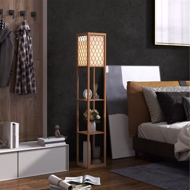 HOMCOM Modern 4 Tier Wood Floor Lamp with Shelves in Natural Brown and White