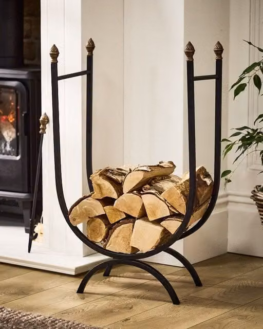 Dibor Traditional Style Black U Shape Metal Log Holder with Acorn Decoration, H: 76 cm, W: 46 cm