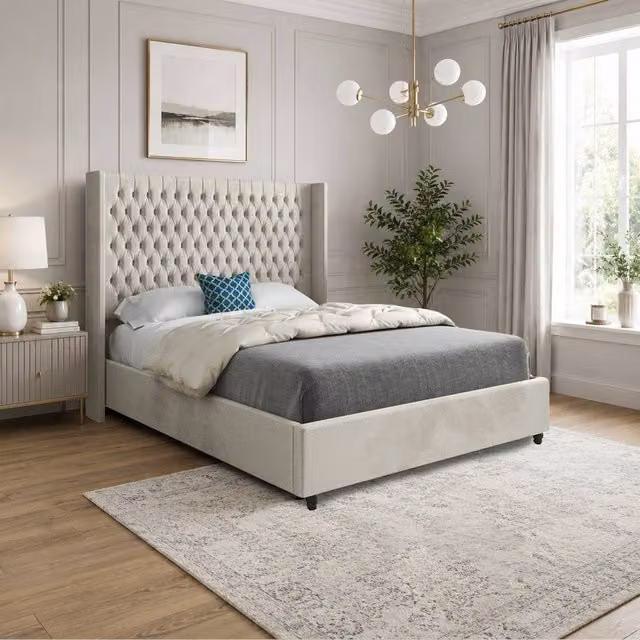 Casani Tickhill Straight Winged Designer Bed Frame in Beige Soft Velvet, W/D/H: 144 x 137 x 200 cm