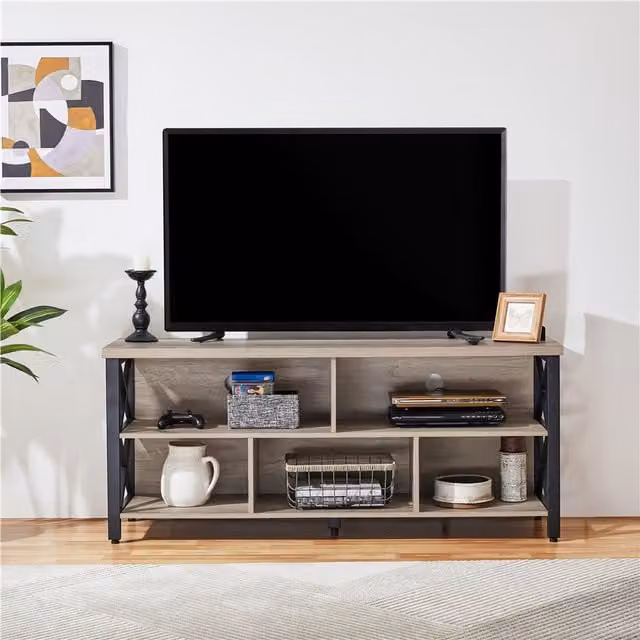 Yaheetech Industrial Grey TV Stand with Wood and Metal Media Storage Compartments