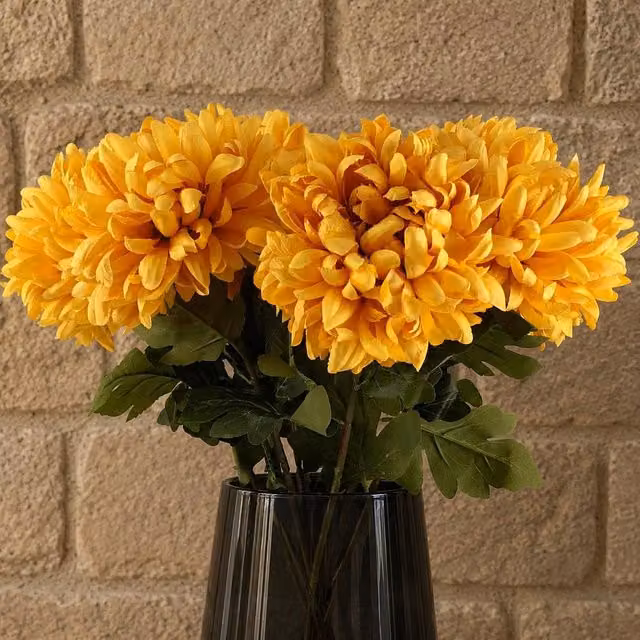 Botanik Pack of 6 Artificial Extra Reflex Chrysanthemum Flower Stems in Gold, Yellow and Orange, Height: 75 cm