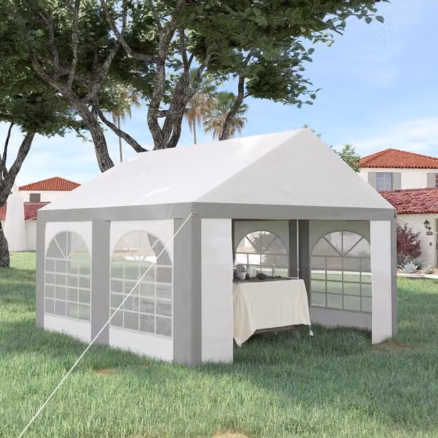 Outsunny Galvanised Steel Party Tent Marquee Gazebo with Windows in White and Grey, W/D/H: 400 x 400 x 315 cm