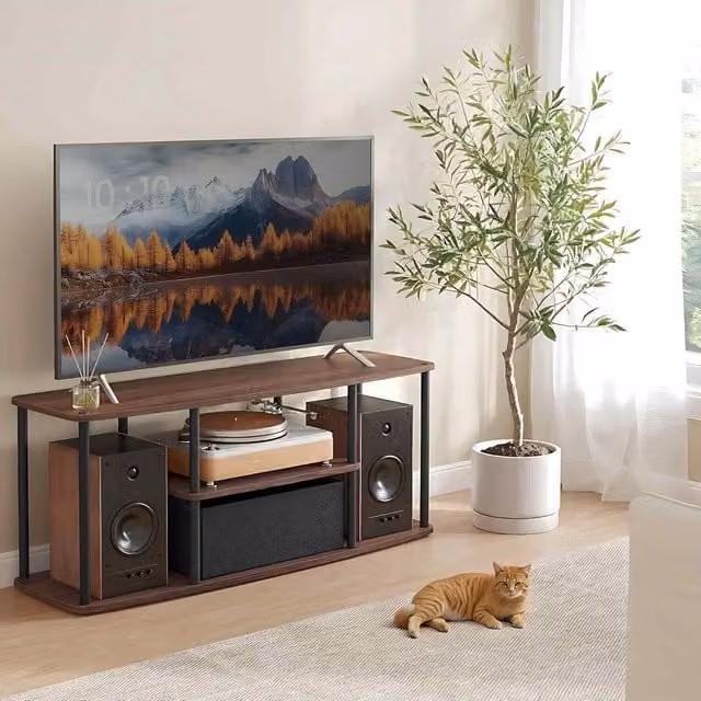 The Bazaarist Modern Walnut and Black TV Stand with Shelves and Media Compartments