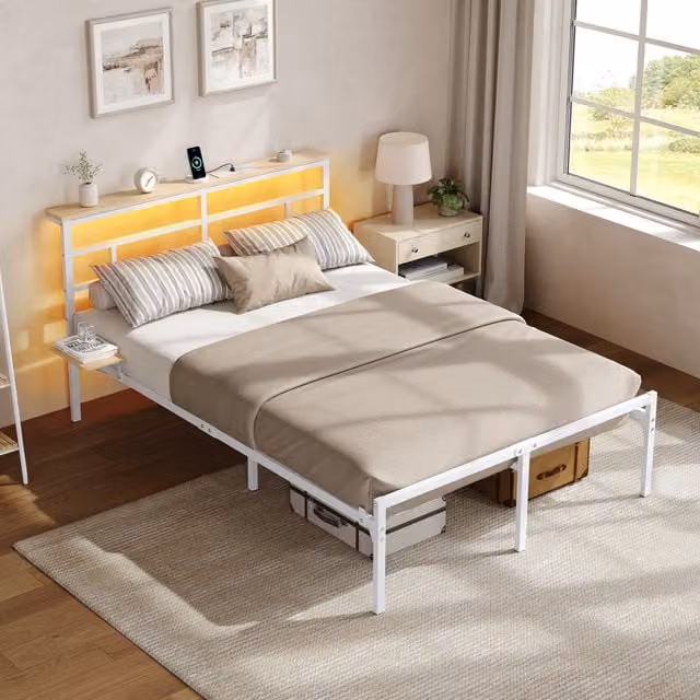Yaheetech Metal Bed Frame with LED Headboard, Charging Station and Bedside Shelf, White, 140 x 200 cm