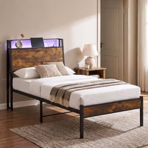 Levede 3ft Single Bed Frame in Black with LED Lights, Charging Station and Storage Headboard, W/D/H: 90 x 190 cm
