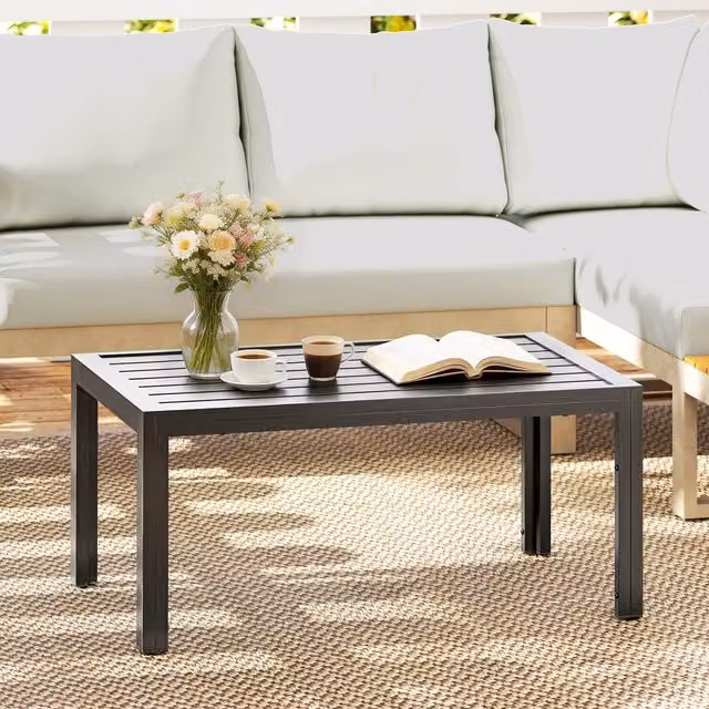 Outsunny Grey Wood Effect Outdoor Coffee Table with Slat Tabletop for Garden and Balcony