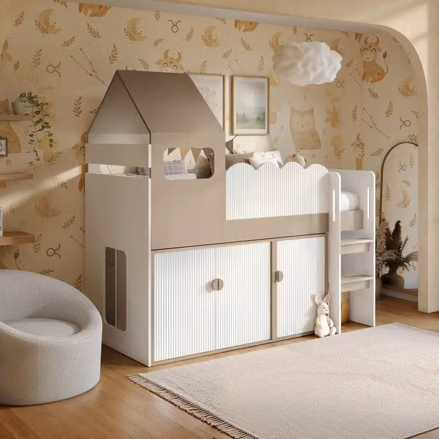 Flair Calista Ribbed House Mid Sleeper Bed with Storage in White, H 194.5 x W 90 x D 200 cm