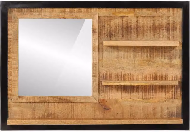 Berkfield Home Wall Mirror with Shelves in Brown Solid Wood and Glass, W: 80 cm, D: 8 cm, H: 55 cm