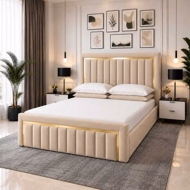 K Mehmood Enterprise Ltd Gold Striped Upholstered Ottoman Bed Frame in Beige