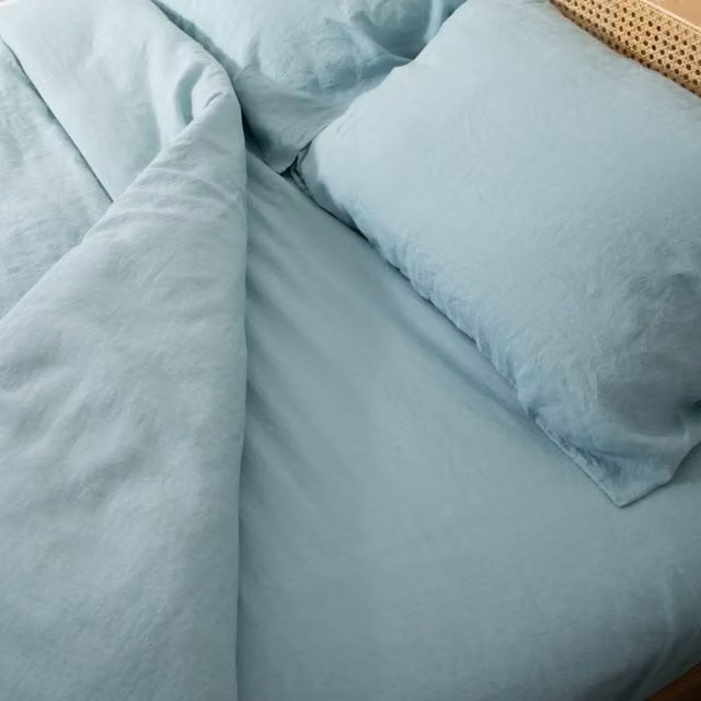 Native Natural Aqua 100% Linen Double Fitted Sheet in Blue, W/D/H: 140 x 190 cm