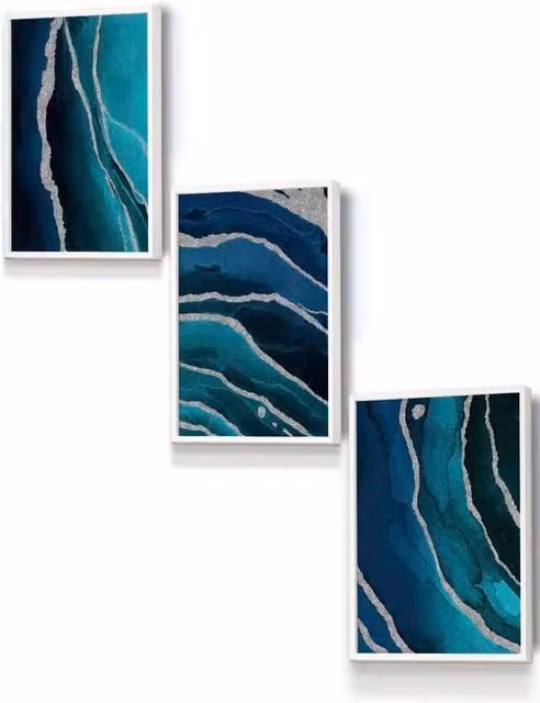 ARTZE Abstract Teal Blue and Silver Strokes Framed Wall Art in White, W: 33 cm, H: 45 cm, D: 2 cm