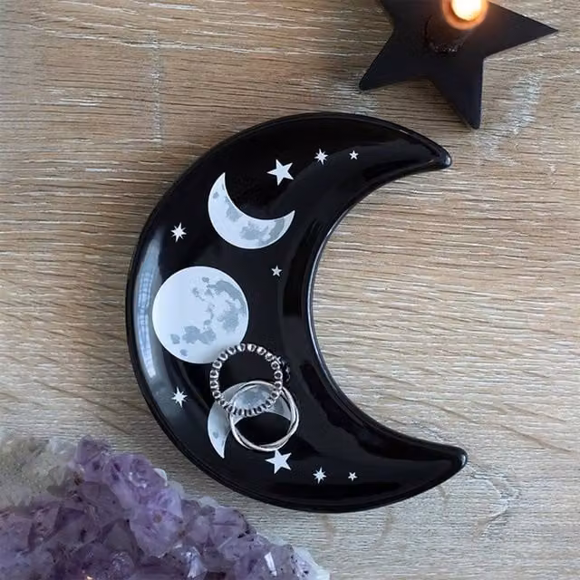 Uniqueful Crescent Moon Ceramic Trinket Dish in Black