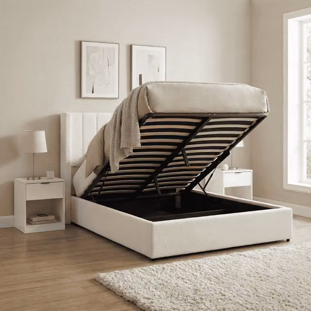 Home Source Alix Modern Lift Up Base Ottoman Storage Bed in White/Beige Fabric, W/D/H: 180 x 200 cm
