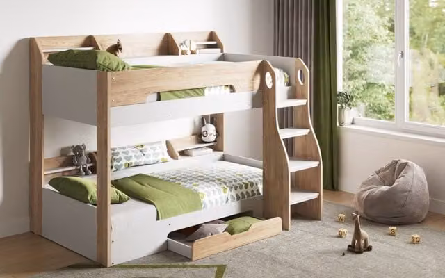 Flair Two-Level Bunk Bed with Storage Drawers and Stairs in Oak