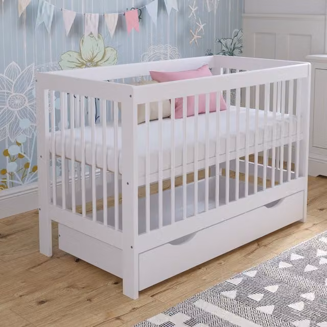 Love For Sleep Luca Cot Bed with Drawer in White Solid Pine Wood, W/D/H: 120 x 60 x 60 cm