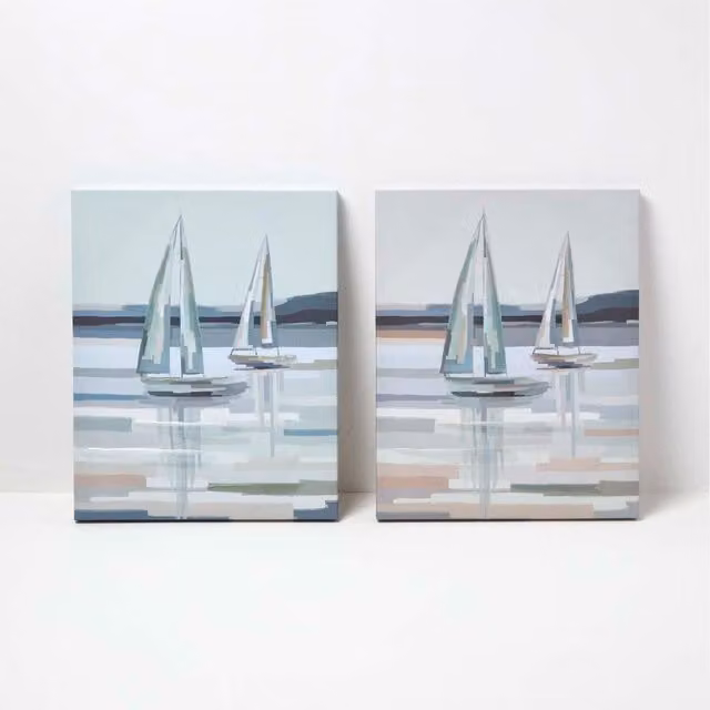 Homescapes Maritime Boat Canvas Wall Art Set of 2 in Blue, Grey and White