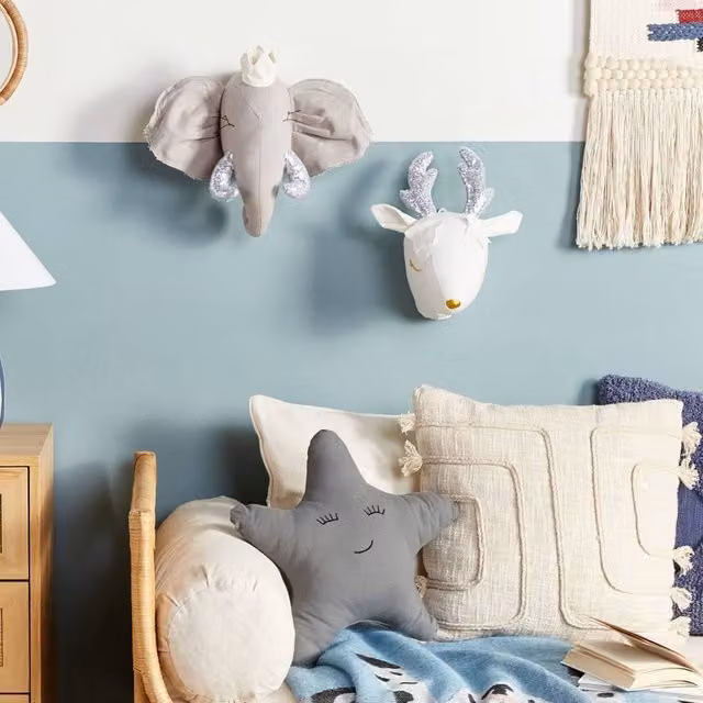 Wyld and Coco Grey Plush Elephant Head Wall Decor with Crown and Silver Sequin Fangs