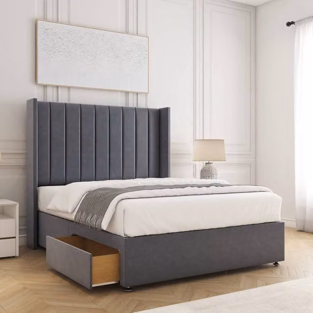 BSSPOKE Hannah Super King Divan Bed with 2 Drawers, 54 inch Headboard and Mattress in Charcoal Grey Plush Velvet