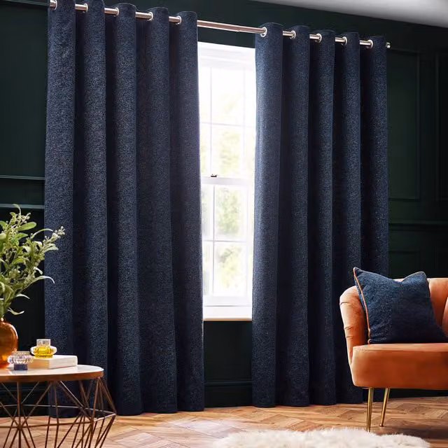 Galaxy Chenille Eyelet Curtains in Navy and Gold with Star Pattern, Height: 229 cm