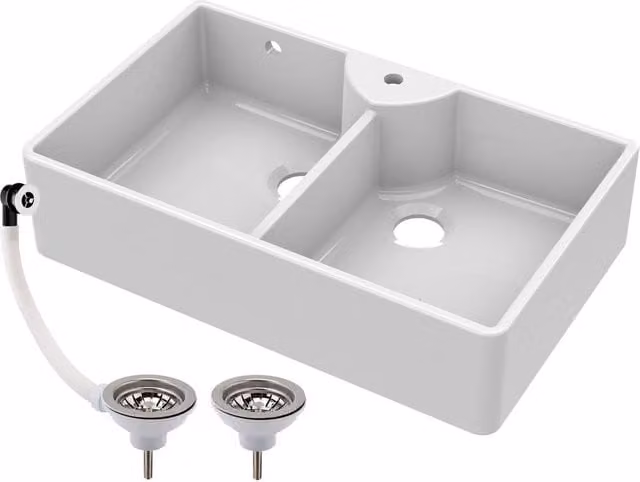 Balterley White Fireclay 2 Bowl Butler Sink with Stepped Weir Wastes W: 89.5 cm, D: 55 cm, H: 22 cm