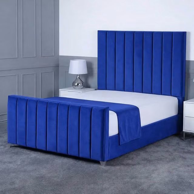 Living Comfort Bedz Empress Plush Velvet Upholstered Bed with Slatted Base and 48 Inch Headboard in Blue, Single Size