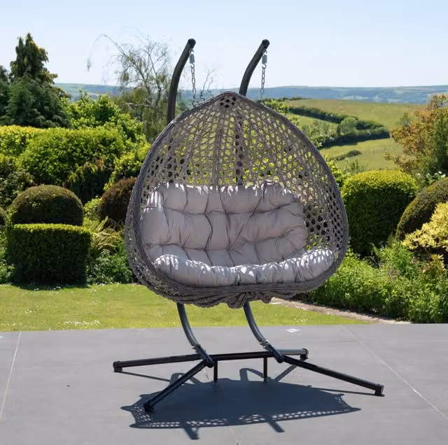 Artemis Home Alston Double Garden Hanging Egg Chair in Grey and Black Polyrattan with Fabric Cushions