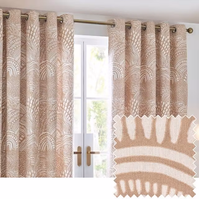 Make It A Home Nola Abstract Cotton Eyelet Curtains, Set of 2, Beige and Yellow, W: 183 cm, H: 229 cm