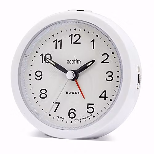 Acctim Elana Analogue Alarm Clock in White with Silent Sweep Quartz Movement and Luminous Hands