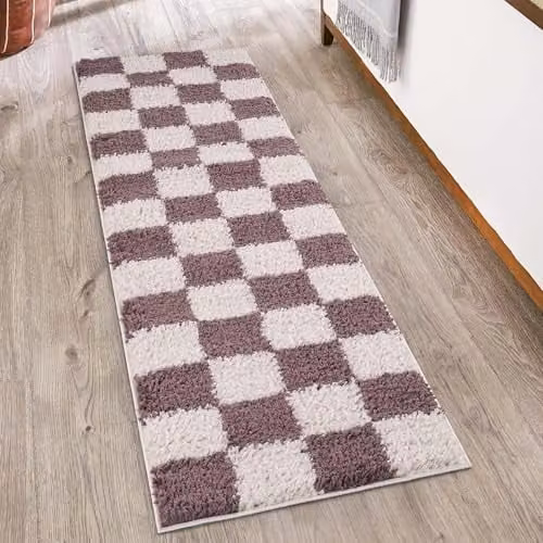 Desire Rugs Chester Modern Checkered Shaggy Area Rug, Purple, W: 60 cm, L: 220 cm