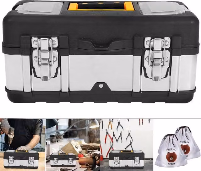 Hinsinc Stainless Steel Heavy Duty Tool Box Chest with Removable Tray in Black and Silver