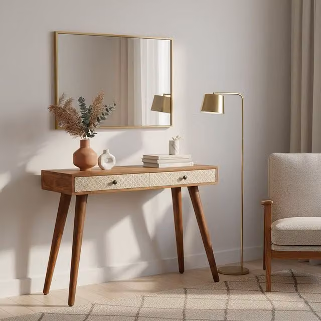 Orsina Acacia Wood Console Table with 2 Embossed Floral Drawers in Natural Brown