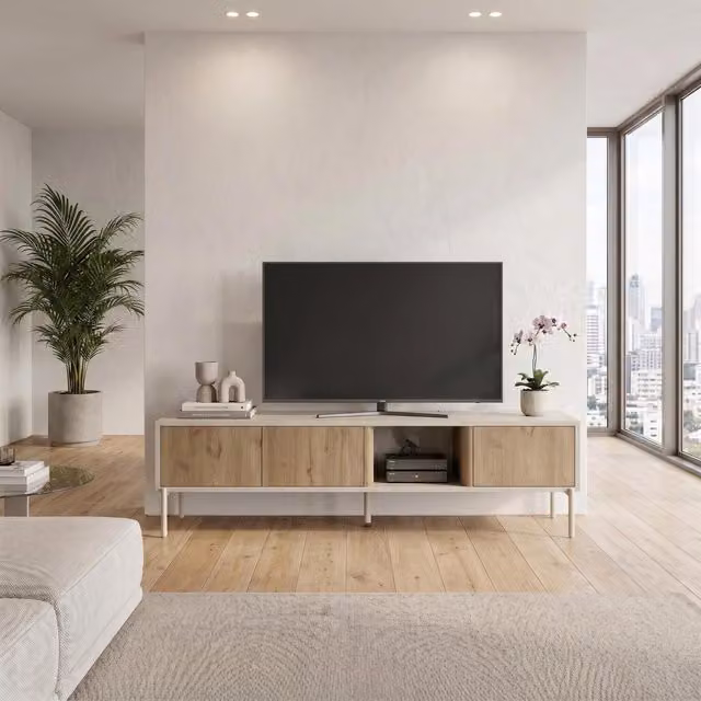 Decortie Ventro Three Door TV Unit in Brown Oak with Soft Close Drawers, W/D/H: 150 x 40 x 36 cm
